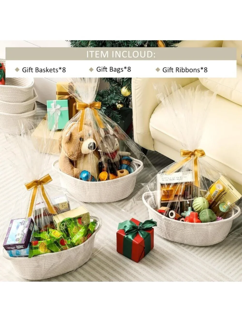 8 Pack Small Woven Baskets with Gift Bags & Ribbons - Cute Nursery Storage Bins